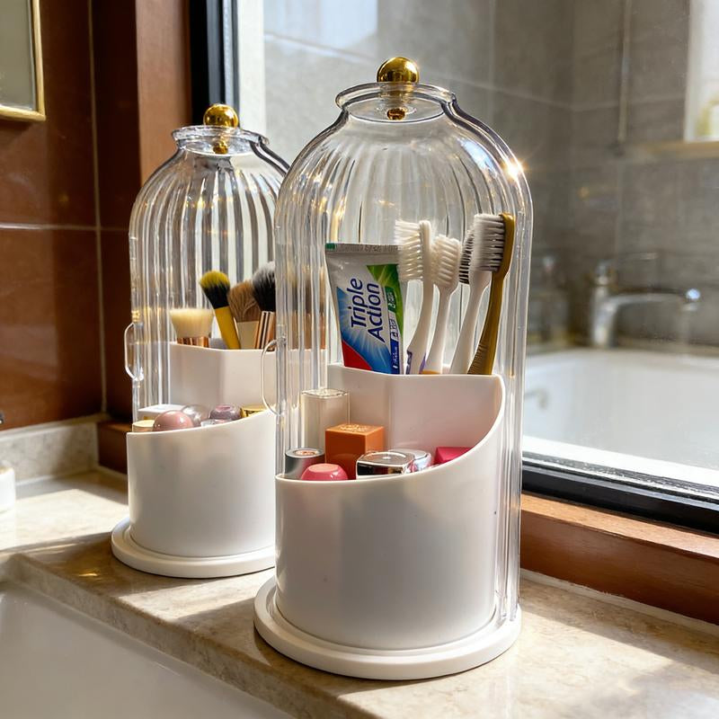 Stylish 360° Rotating Makeup Brush Holder with Lid - Dustproof & Space-Saving Organizer for Your Vanity