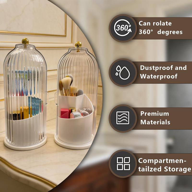 Stylish 360° Rotating Makeup Brush Holder with Lid - Dustproof & Space-Saving Organizer for Your Vanity