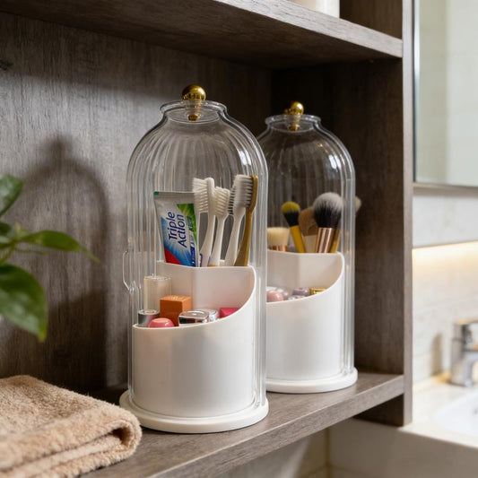 Stylish 360° Rotating Makeup Brush Holder with Lid - Dustproof & Space-Saving Organizer for Your Vanity